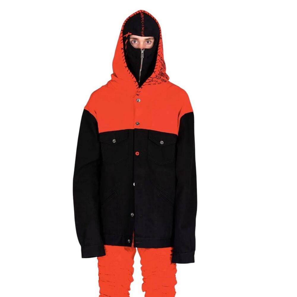 rare MJB Marc Jacques Burton Hooded Balaclava Denim Jacket IT 48 M Black / Red